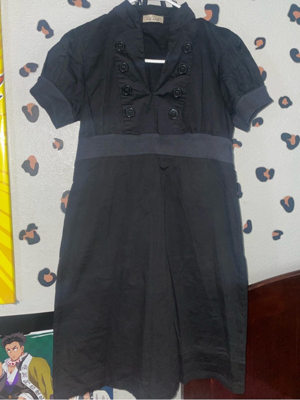 BeBop Black Short-Sleeve Midi Dress with Double-Breasted Buttons